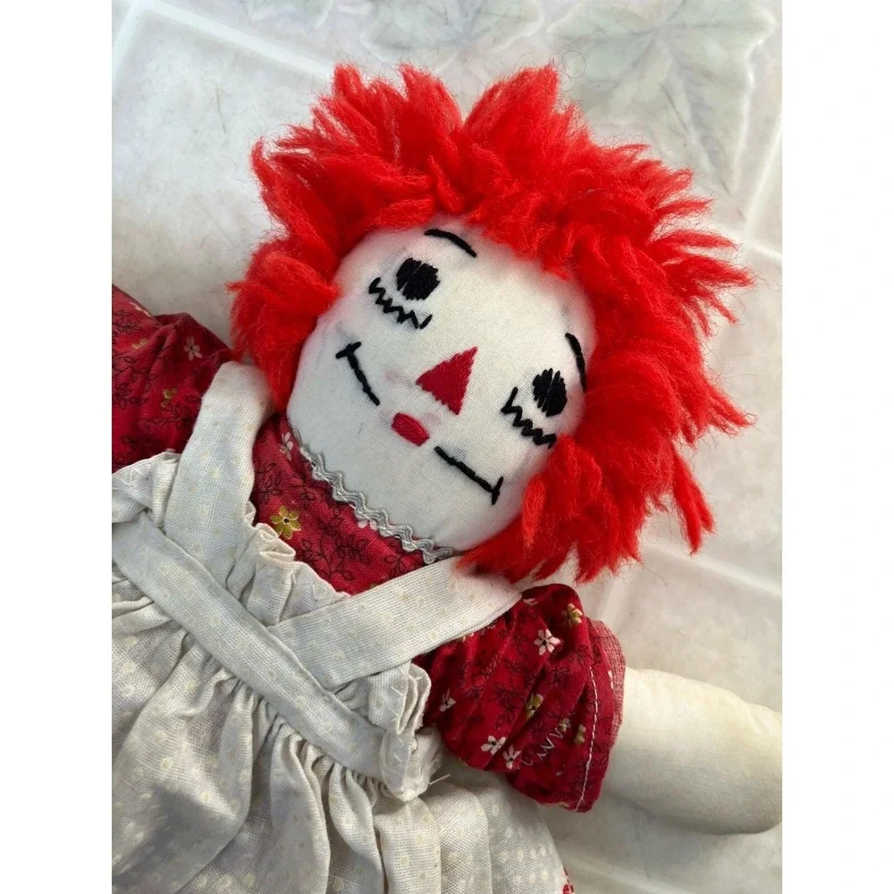 Raggedy Ann Doll Vintage 1970s Handmade Embroidered Face Red Heart Dress 11